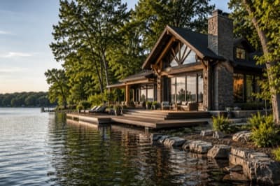 Lakeside home with a wooden deck