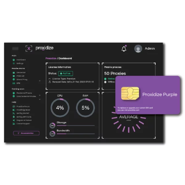 screenshot and a Proxidize Purple sim card