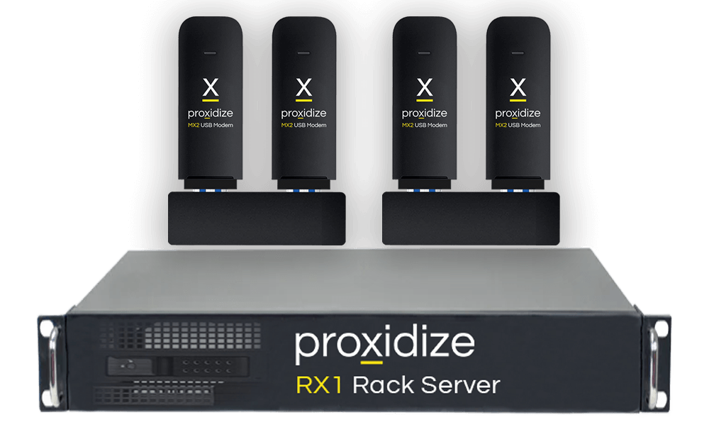 Two sets of two MX2 USB Modems above an RX1 Rack Server.