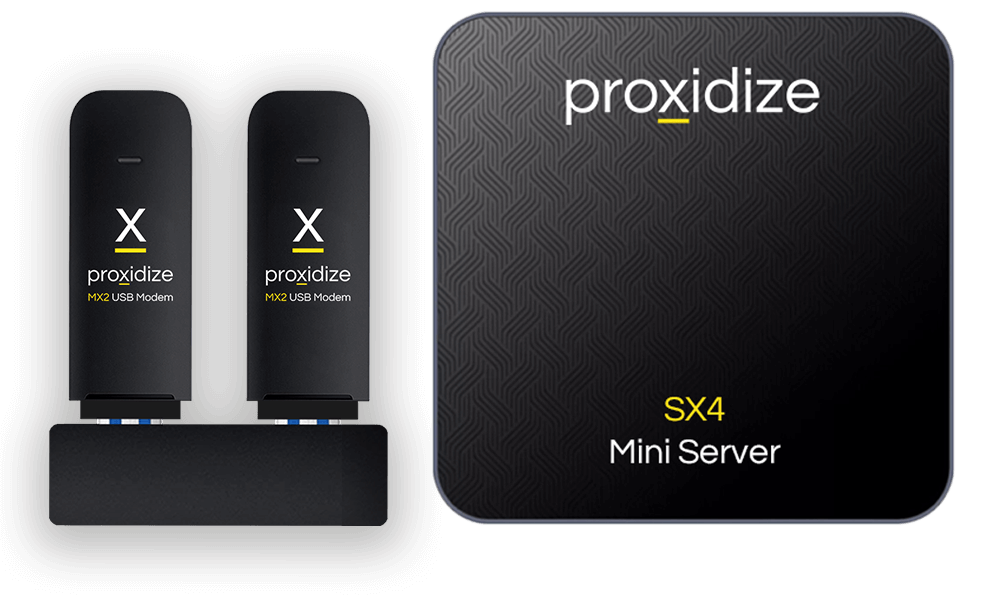 The top view of an SX4 Mini Server with textured surface next to two MX2 USB Modems.