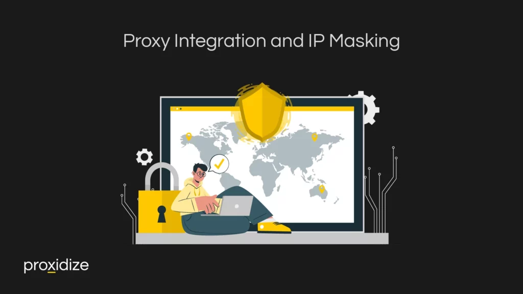 The title "Proxy Integration and IP Masking" above a drawing of a man working on a laptop in front of a big screen.