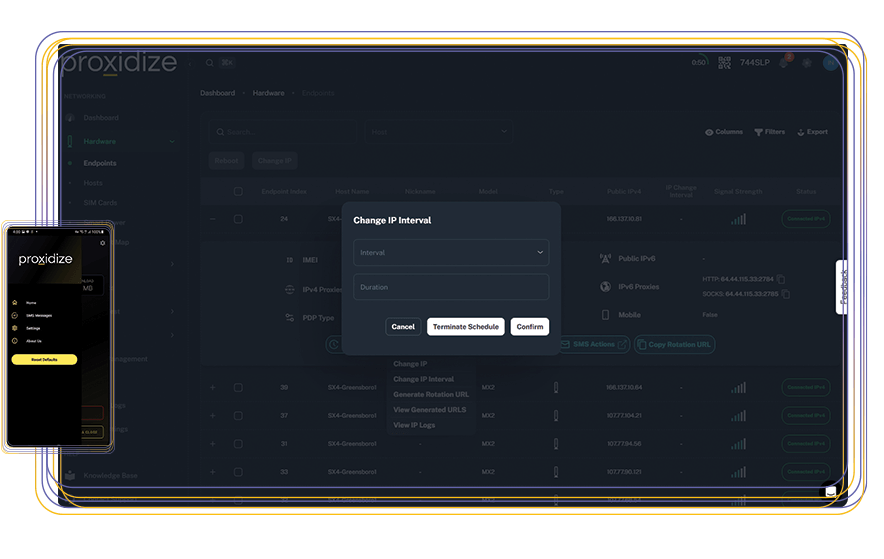 A screenshot of the Proxidize Cloud Platform displaying the IP rotation menu.