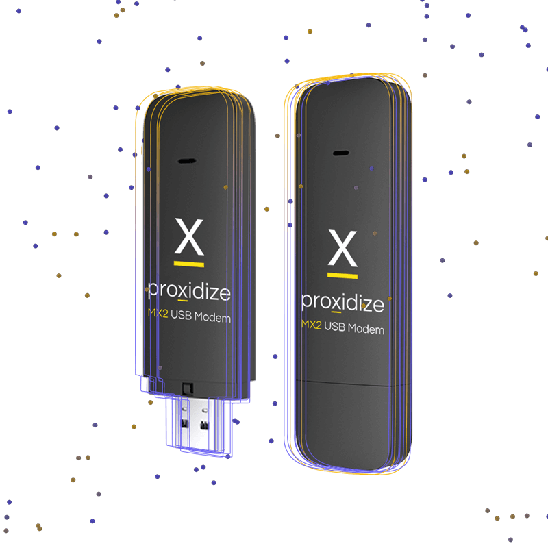 Two MX2 USB Modems with purple and yellow lines surrounding them.