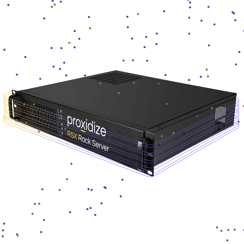 An RSX Rack Server with purple and yellow lines around it.
