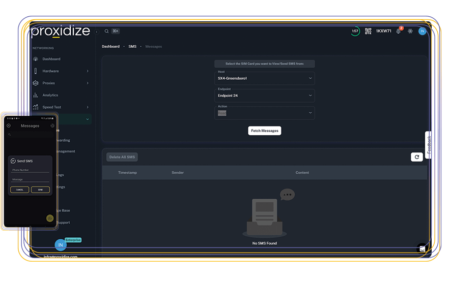 A screenshot of the Proxidize Cloud Platform displaying the status SMS messages screen.