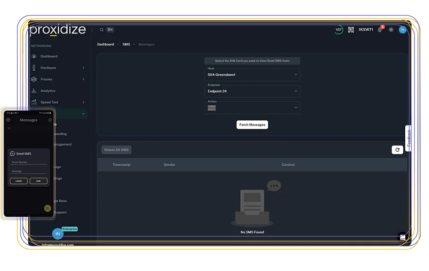 A screenshot of the Proxidize Cloud Platform displaying the status SMS messages screen.