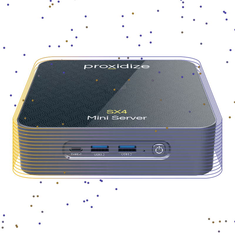 The front view of an SX4 Mini Server with yellow and purple lines around it.