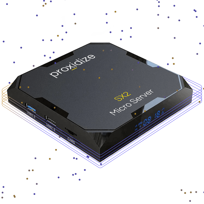 The side view of an SX2 Micro Server with yellow and purple lines around it.