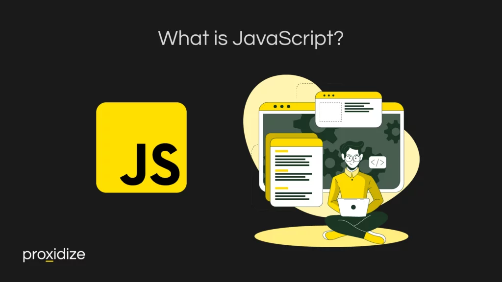 The JavaScript logo next to a drawing of a man with a laptop in front of a screen, with the title 