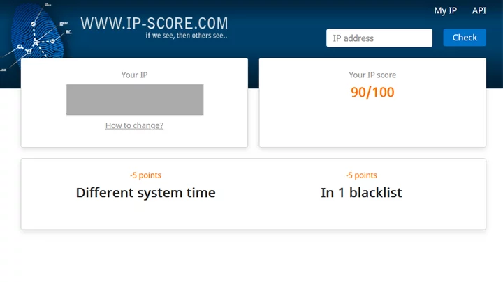 A screenshot of a 90/100 IP score result from ip-score.com