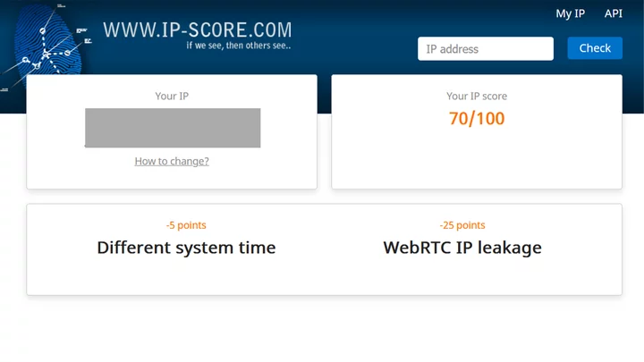 A screenshot of a 70/100 IP score result from ip-score.com