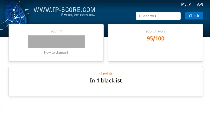 A screenshot of a 95/100 IP score result from ip-score.com