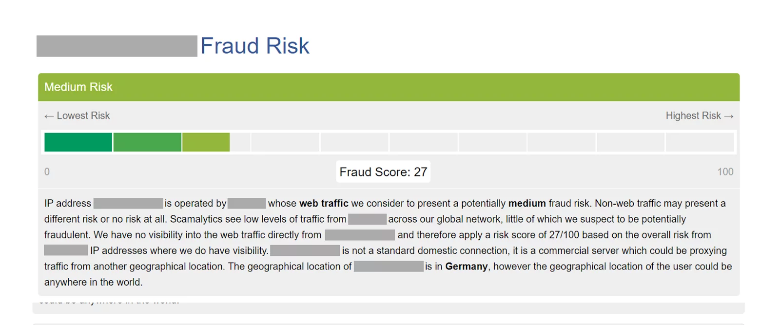 A screenshot of the results of a German datacenter proxy in Scamalytics.