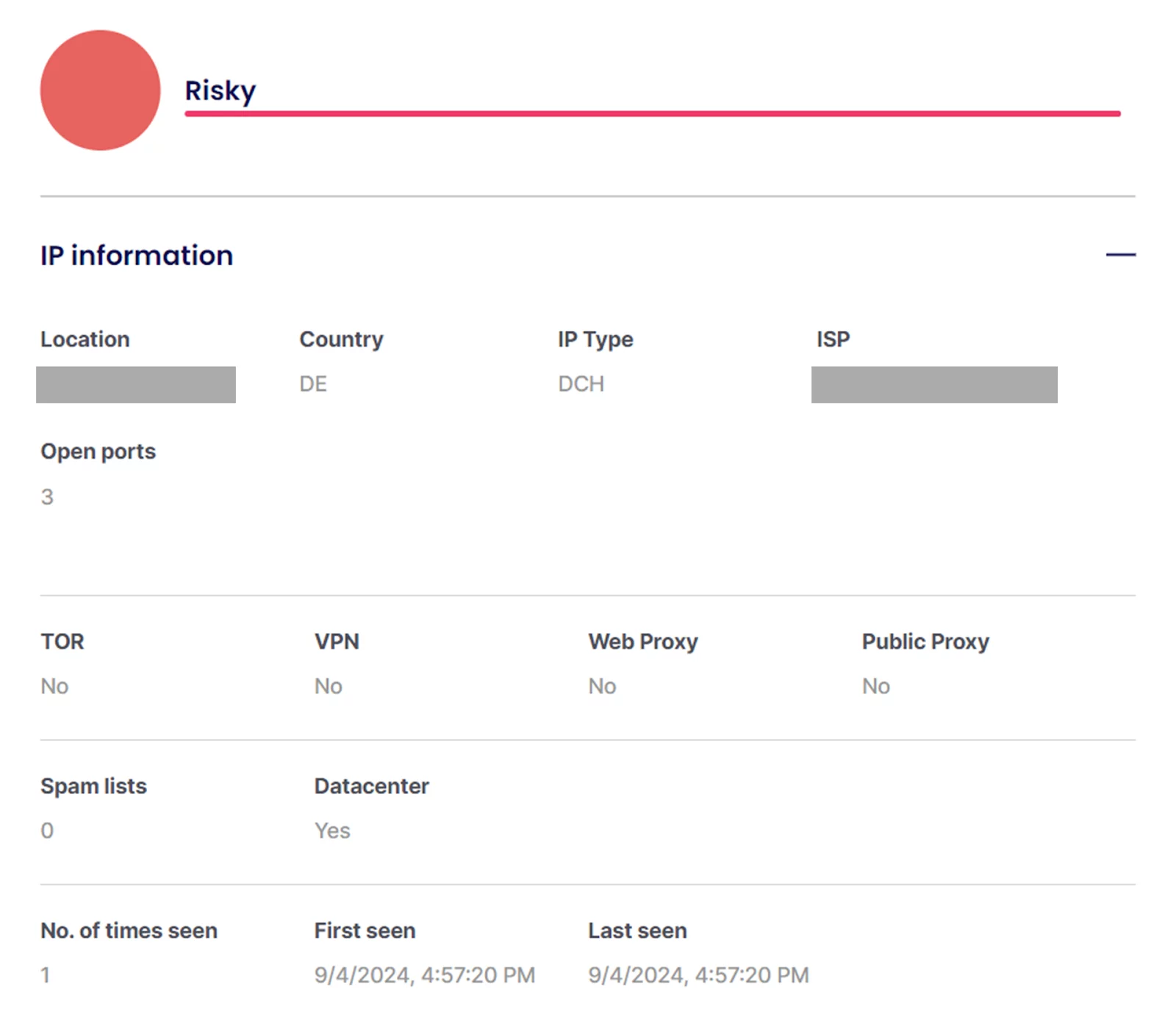 A screenshot of results from an IP Fraud Risk test from SEON of a German datacenter proxy.