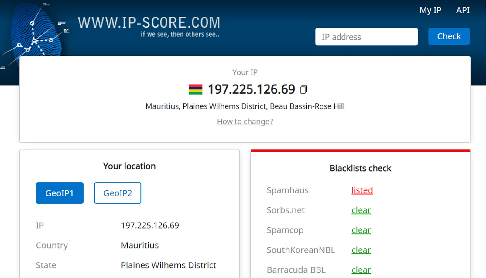 A screenshot of the IP score result of a free proxy from ip-score.com.