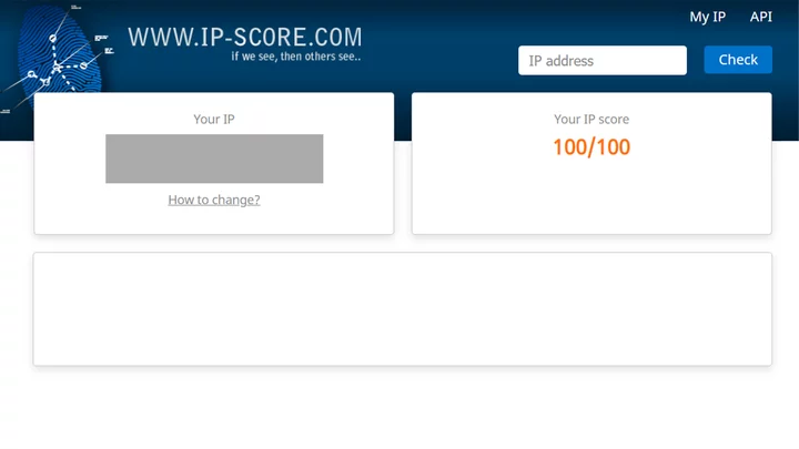 A screenshot of a 100/100 IP score result from ip-score.com