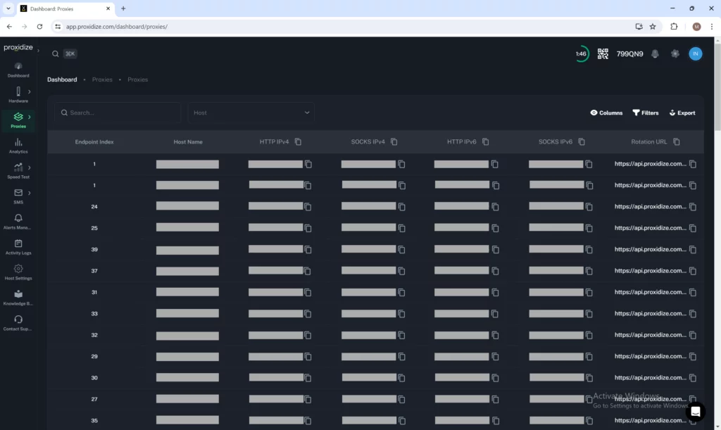 Proxidize Dashboard with Proxy List Greyed Out