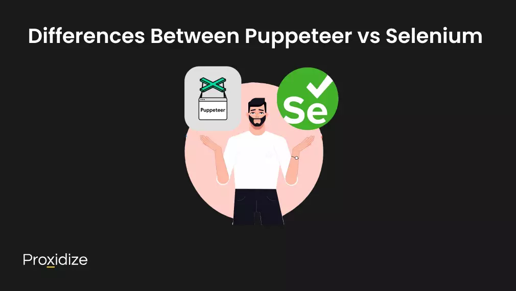 Image of a man shrugging with his hands open. One hand has the Selenium logo and one had has the Puppeteer logo. Text above reads 