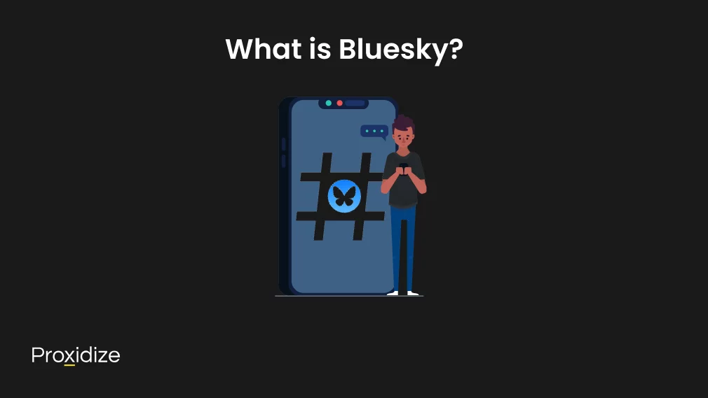 Image of a large phone showing a hashtag with a Bluesky logo inside of it. Text above the logo reads 