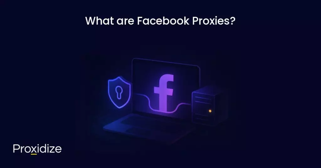 Image of a computer showing a Facebook logo with a shield connected to a server in front of it. Text above reads