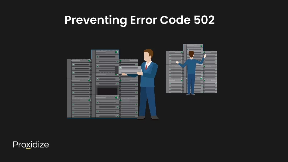 Image of two men in suits looking at servers. Text above reads