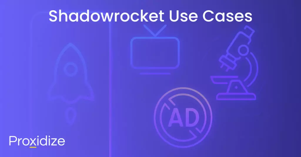 A drawing of a phone with the Shadowrocket logo on it next to a tv screen, a microscope, and an