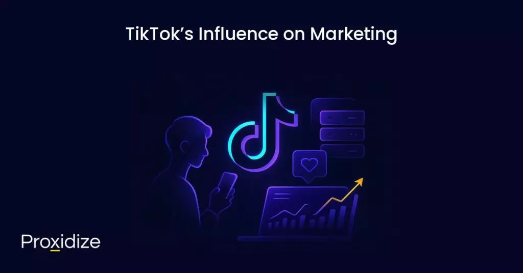 Image of a man staring at his phone while looking at a computer showing statistics with a large TikTok logo floating in the center. Text above reads
