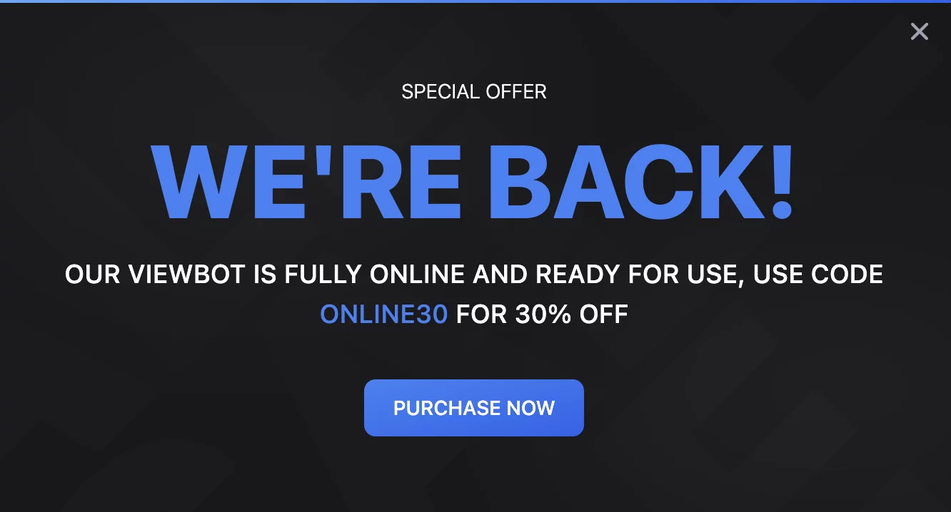 a screenshot of a pop-up discount banner on a website offering viewbotting services