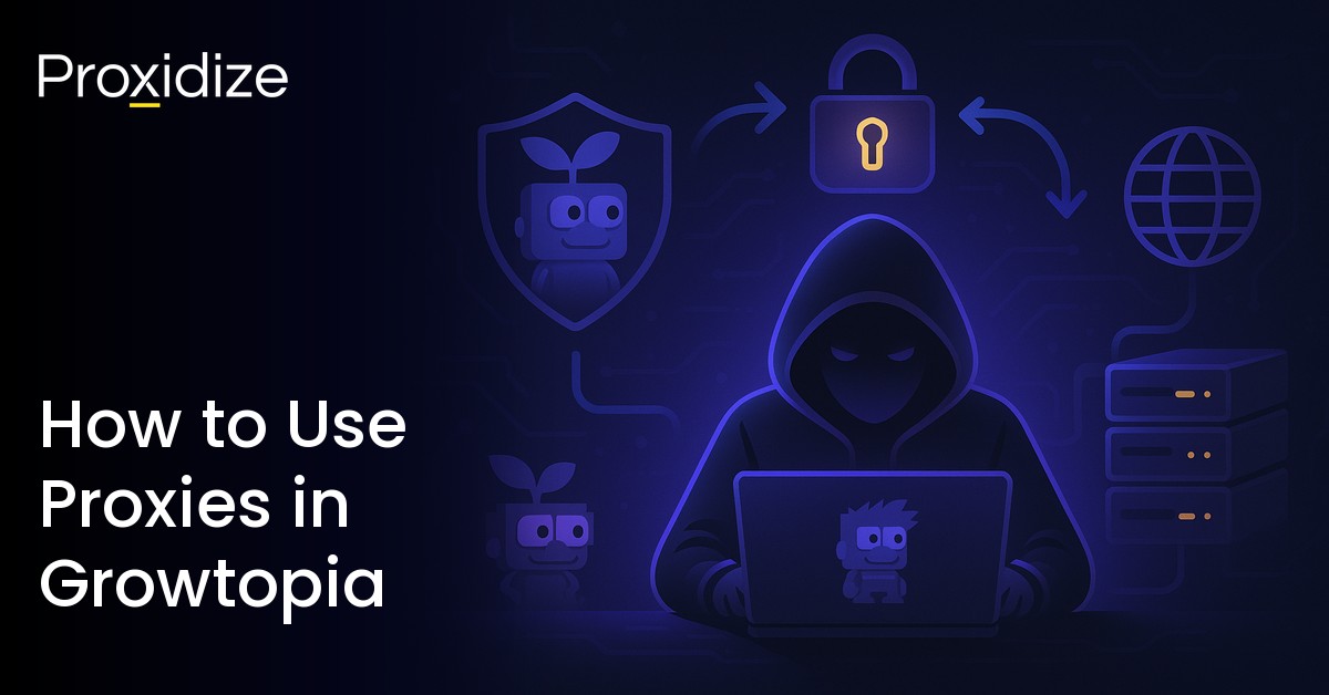 Image of a figure on a computer with a Growtopia character on it, surrounded by a server to their left and a shield, lock, and globe above them. Text to the left side reads 