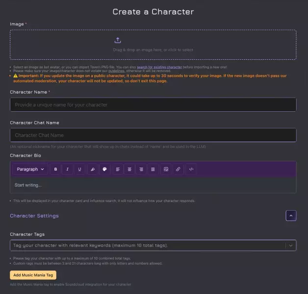 a screenshot of the janitor ai create a character menu