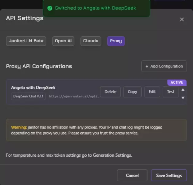 a screenshot of a success pop-up on the api settings on janitor ai