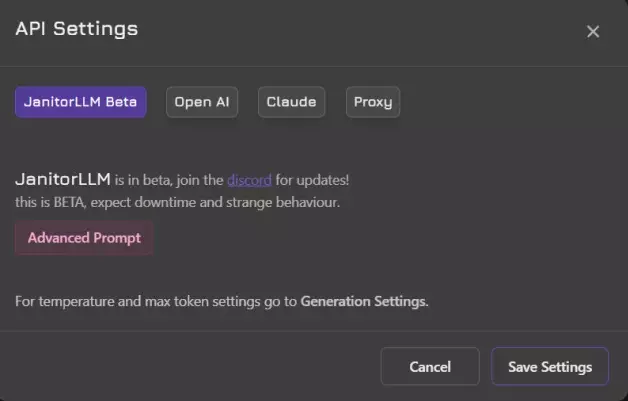 a screenshot of the api settings menu on janitor ai