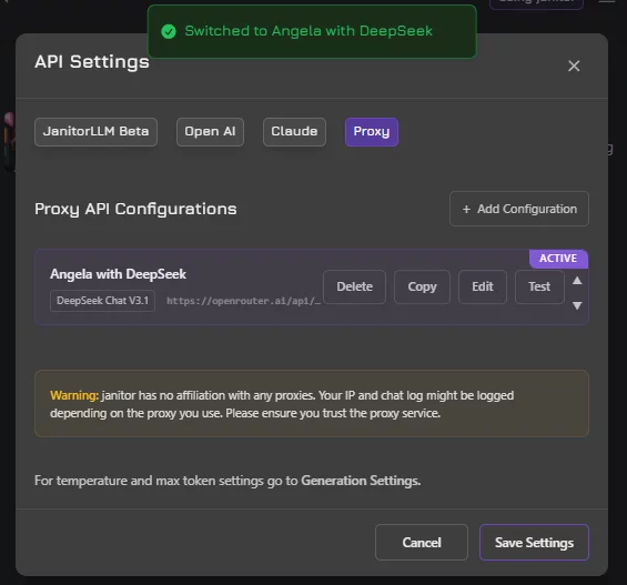 a screenshot of a success pop-up after switching to deepseek on janitor ai