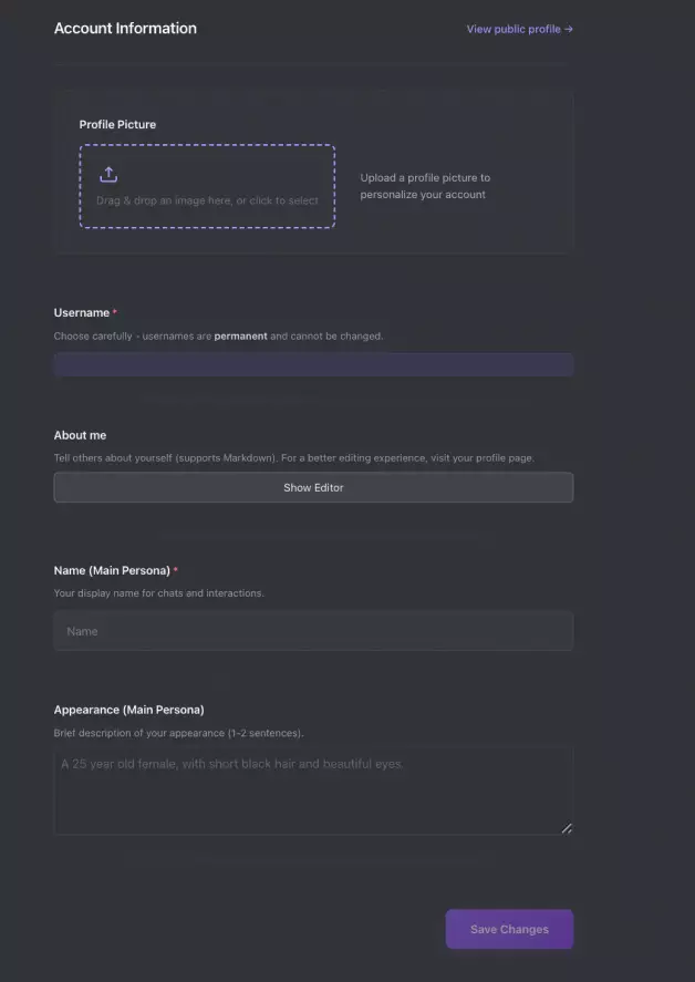 a screenshot of janitor ai profile creation