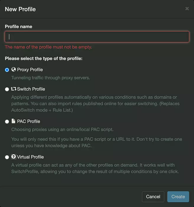 A screenshot of the create new profile tab of Proxy SwitchyOmega.