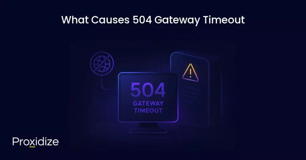 Image of a desktop showing 504 gateway timeout and a server behind it with a cation sign. Text above reads