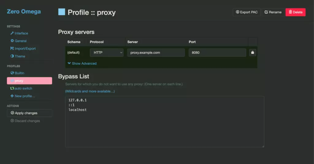 A screenshot of Proxy SwitchyOmega profiles tab.