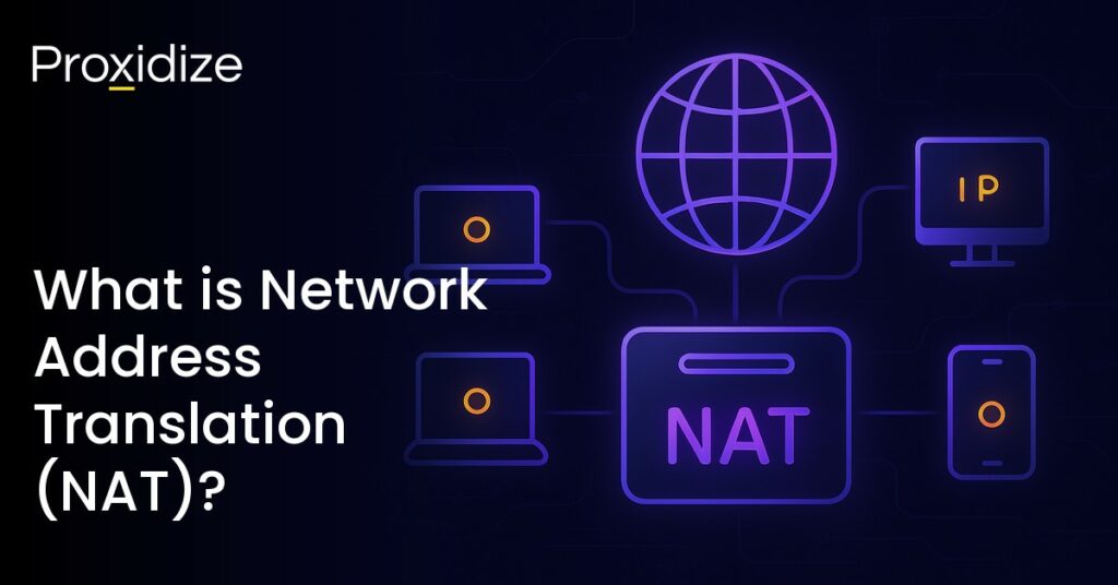 Image of the internet logo connected to a box reading NAT which is connected to devices. Text to the left reads 