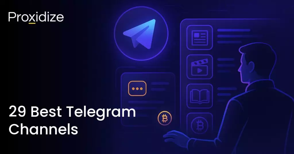 Image showing a man standing in front of a screen showing the Telegram logo and categories. Text to the left reads 