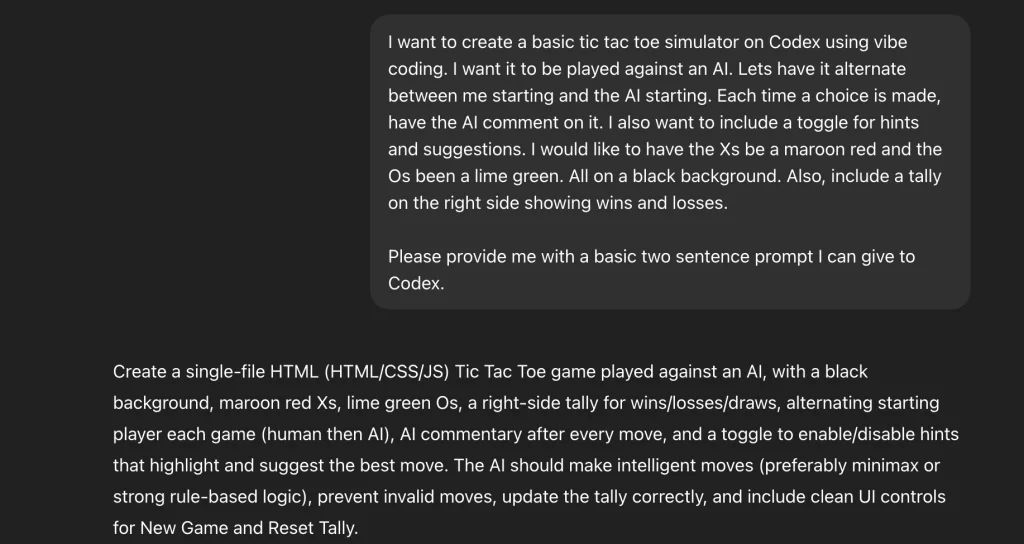 Image showing a ChatGPT conversation of a text presenting a request for a prompt for vibe coding