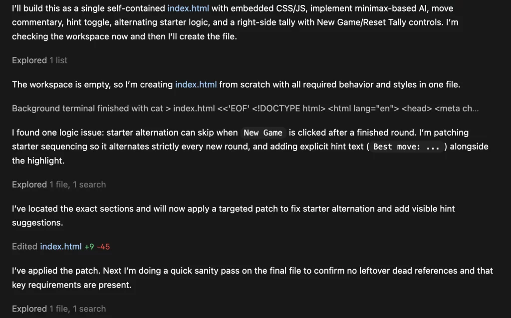 Image showing a Codex interface showing what it did to create the game.
