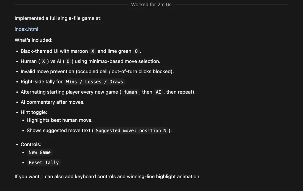 Image showing how long Codex spent working and what it made.