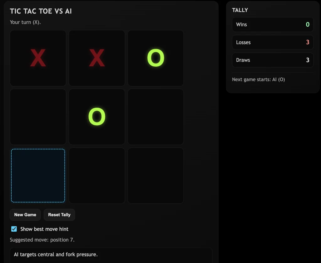Image showing gameplay of Tic Tac Toe vs AI