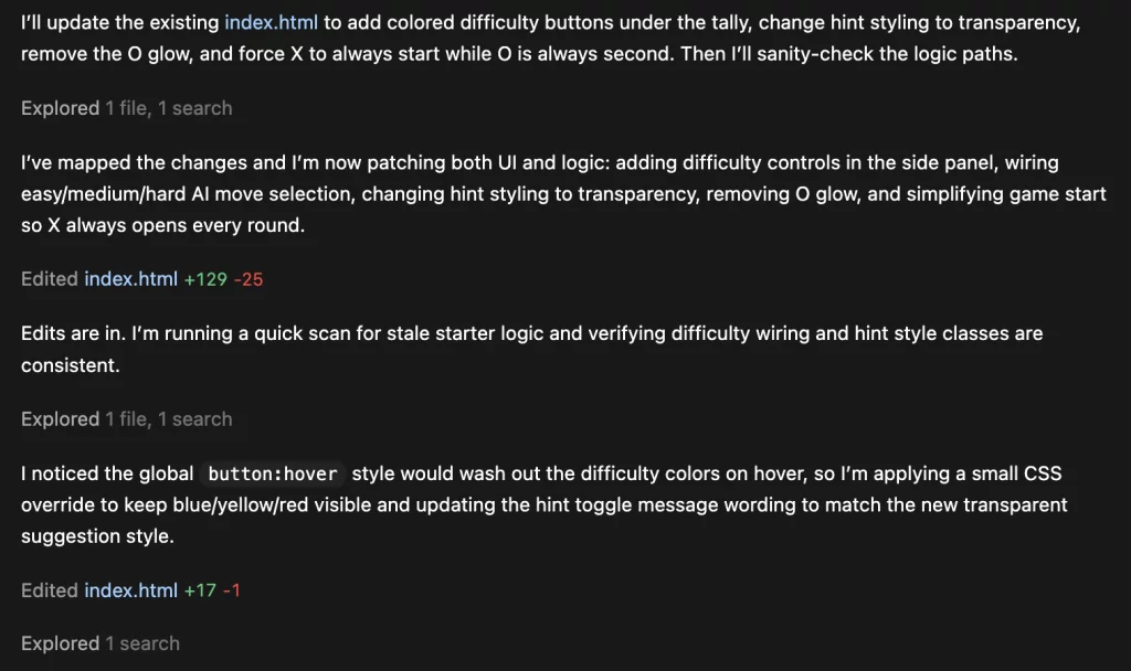 Image showing the response from Codex after being told what to change.
