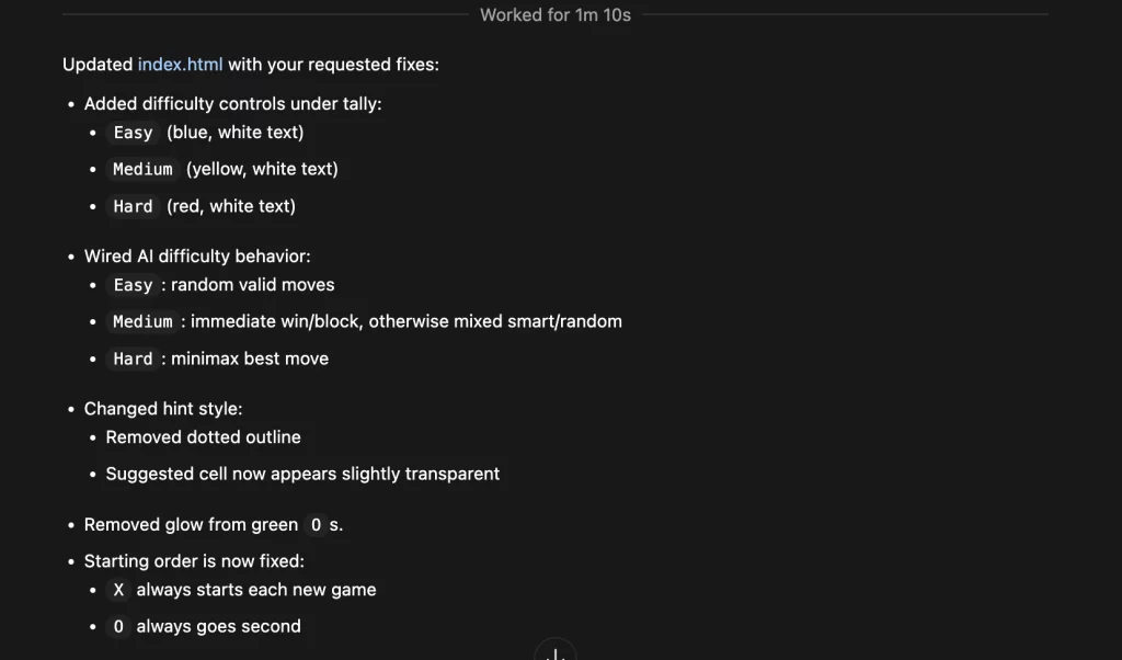 Image showing how long Codex spent changing and what it changed.