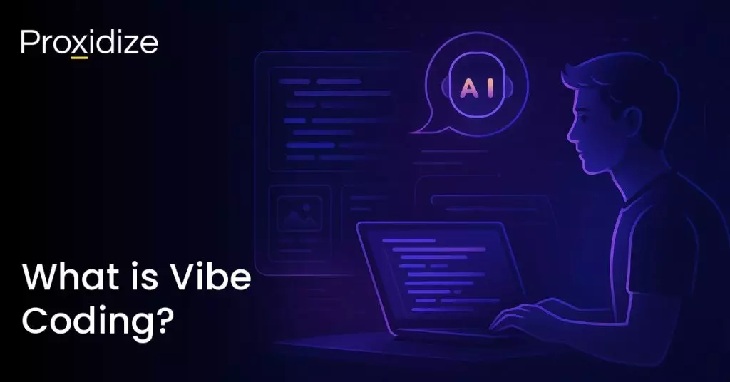 Image showing a man on a computer writing code while a speech bubble with AI written on it presents itself in front of him. Text on the left reads 