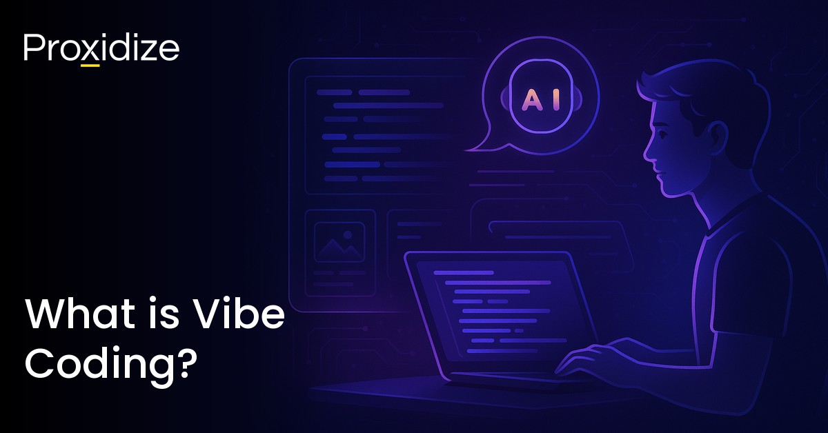 Image showing a man on a computer writing code while a speech bubble with AI written on it presents itself in front of him. Text on the left reads 