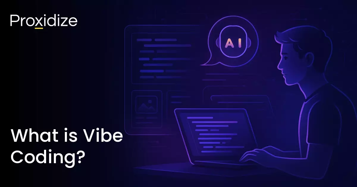 Image showing a man on a computer writing code while a speech bubble with AI written on it presents itself in front of him. Text on the left reads