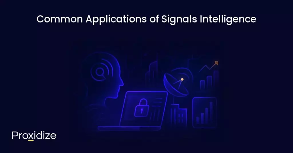 Image showing a computer with a lock on it surrounded by applications of Signals Intelligence. Text above reads