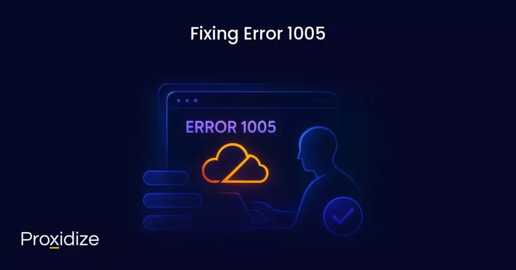 Image showing someone on a computer with a webpage showing Error 1005 and the Cloudflare logo. Text above reads 